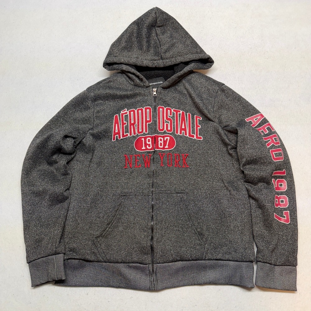 Aeropostale Mens XL Full Zip Hoodie Grey Red Spell Out Sherpa Lined Y2K Skater‎